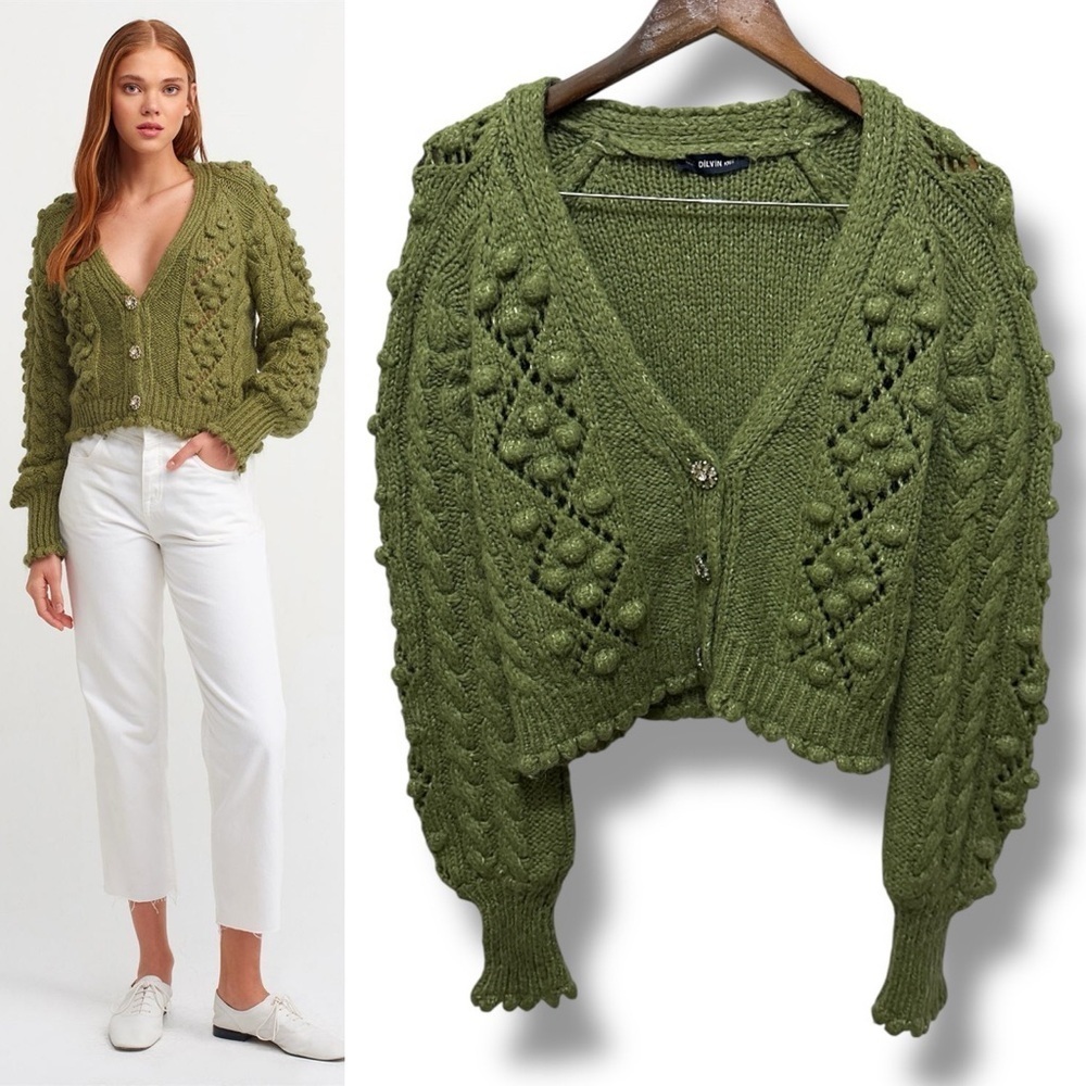 176 Dilvin | Turkey EUC Knit Bobble Olive Green Cable Cardigan Sweater (size M) - Picture 1 of 10